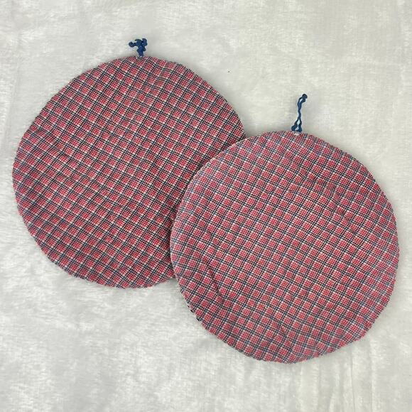 Pair Vintage Hand-Embroidered Bird Pot Holders 1940s 5.5" Round Red Plaid Back - Picture 2 of 6